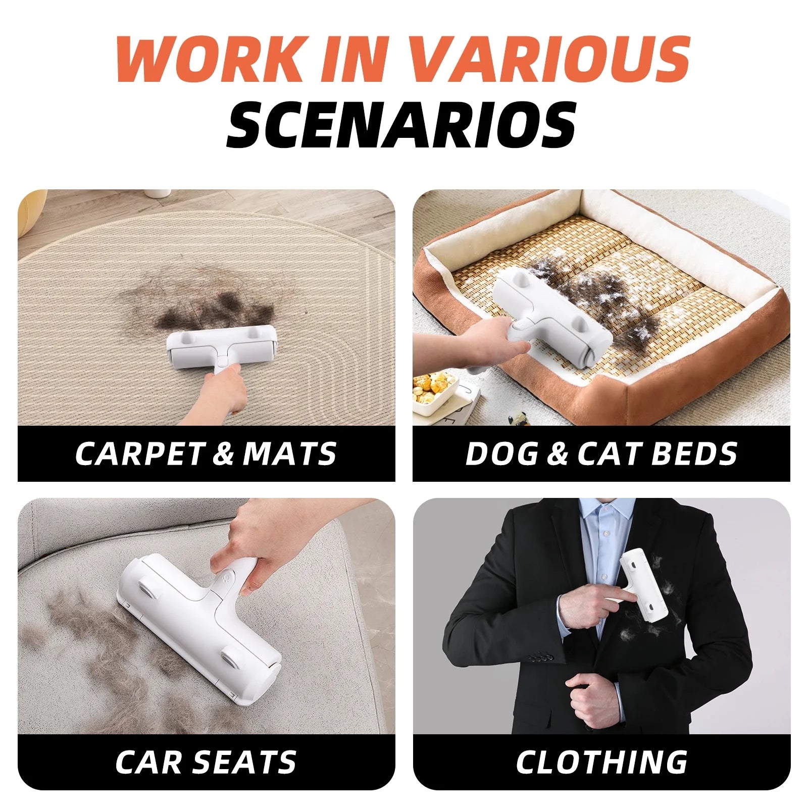 Resuable Pet Hair Remover Multi-Surface Cat & Dog Fur Lint Roller for Furniture & Clothing,White